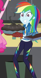 Size: 427x807 | Tagged: safe, derpibooru import, screencap, pinkie pie, rainbow dash, better together, equestria girls, a queen of clubs, awkward smile, burned, clothes, cropped, female, food, geode of super speed, jacket, magical geodes, mittens, offscreen character, pants, pie, smiling