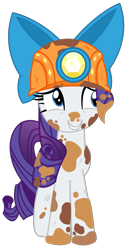 Size: 1413x2809 | Tagged: safe, artist:sketchmcreations, rarity, pony, unicorn, gauntlet of fire, bow, dirt, dirty, helmet, inkscape, mining helmet, sheepish grin, simple background, smiling, solo, transparent background, vector