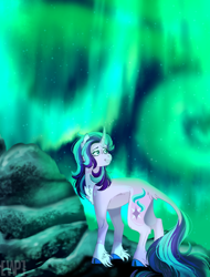 Size: 768x1012 | Tagged: safe, artist:wanderingpegasus, starlight glimmer, classical unicorn, pony, unicorn, aurora borealis, chest fluff, cloven hooves, curved horn, female, horn, leonine tail, looking back, mare, solo, unshorn fetlocks