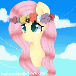 Size: 1024x1024 | Tagged: safe, artist:eunjou, fluttershy, pegasus, pony, bust, cloud, cloudy, colored pupils, floral head wreath, sky, solo