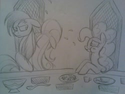 Size: 600x450 | Tagged: safe, artist:zigragirl, fluttershy, pinkie pie, oc, oc:nightsky, earth pony, pegasus, pony, angry, bowl, chair, crying, cup, dinner, eating, female, floppy ears, irc, male, mare, monochrome, pencil drawing, plate, snail, spoon, stallion, table, traditional art