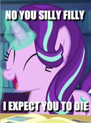 Size: 461x618 | Tagged: safe, edit, edited screencap, screencap, starlight glimmer, pony, unicorn, every little thing she does, caption, cropped, goldfinger, image macro, quote, solo, text