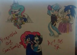 Size: 800x570 | Tagged: safe, artist:ilovedarkhegehogs14, coco pommel, princess celestia, rarity, anthro, crossover, female, interspecies, male, rarisonic, request, shipping, sonic gets all the mares, sonic the hedgehog, sonic the hedgehog (series), sonicified, soniclestia, sonicpommel, straight, traditional art