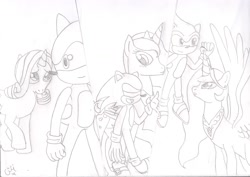 Size: 1719x1214 | Tagged: safe, artist:celecrypt, princess celestia, princess luna, rarity, alicorn, pony, unicorn, commission, crossover, female, interspecies, male, monochrome, rarisonic, shipping, sonic the hedgehog, sonic the hedgehog (series), soniclestia, sonicluna, straight, traditional art