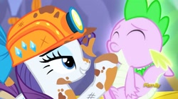 Size: 1499x839 | Tagged: safe, screencap, rarity, spike, dragon, pony, unicorn, gauntlet of fire, chin scratch, dirt, dirty, discovery family logo, glow, helmet, mining helmet