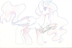 Size: 1695x1130 | Tagged: safe, artist:pekou, princess celestia, alicorn, pony, amputee, artificial hoof, concerned, fanfic art, lost to the sands, solo, traditional art