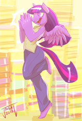 Size: 540x800 | Tagged: safe, artist:jingx1, derpibooru import, twilight sparkle, twilight sparkle (alicorn), alicorn, anthro, plantigrade anthro, adorkable, barefoot, book, clapping, clothes, cute, dork, excited, feet, happy, hoof popping, nerdgasm, open mouth, raised leg, smiling, solo, spread wings, that pony sure does love books, waistcoat, wingding eyes