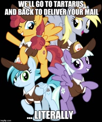 Size: 500x600 | Tagged: safe, artist:cheezedoodle96, edit, appointed rounds, derpy hooves, rainy day, sunny delivery, pegasus, pony, school raze, the break up breakdown, black background, clothes, female, hat, image macro, mailmare, mailmare hat, mare, meme, quartet, simple background, uniform