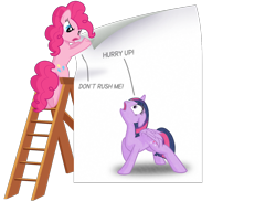 Size: 1652x1200 | Tagged: safe, artist:arvaus, derpibooru import, pinkie pie, twilight sparkle, twilight sparkle (alicorn), alicorn, earth pony, pony, female, fourth wall, ladder, mare