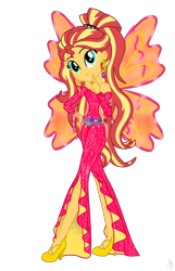 Size: 1790x2780 | Tagged: safe, artist:ilaria122, artist:pupkinbases, sunset shimmer, equestria girls, bare shoulders, belt, crossover, ear piercing, earring, fairy, fairy wings, flower, high heels, jewelry, onyrix, piercing, ponytail, pose, rainbow s.r.l, shoes, simple background, sleeveless, strapless, transparent background, winged humanization, wings, winx club, world of winx