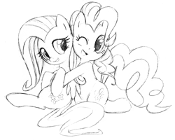 Size: 2266x1816 | Tagged: safe, artist:awengrocks, fluttershy, pinkie pie, earth pony, pegasus, pony, grayscale, hug, monochrome