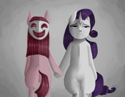 Size: 1320x1020 | Tagged: safe, artist:gothic-rarity, pinkie pie, rarity, earth pony, pony, unicorn, bipedal, mask, pinkamena diane pie