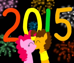 Size: 968x825 | Tagged: safe, artist:crazynutbob, cheese sandwich, pinkie pie, earth pony, pony, 2015, black background, cheesepie, female, fireworks, happy new year, kissing, male, new year, shipping, simple background, straight