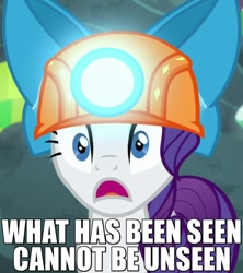 Size: 480x540 | Tagged: safe, screencap, rarity, pony, unicorn, gauntlet of fire, bow, cannot unsee, caption, helmet, image macro, looking at you, meme, mining helmet, open mouth, reaction image, shocked, solo, surprised