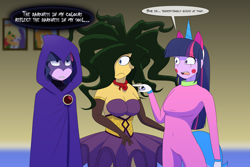 Size: 2250x1500 | Tagged: safe, artist:jase1505, applejack, pear butter, rarity, sci-twi, sunset shimmer, twilight sparkle, gorgon, series:sunlight horizons, equestria girls, clothes, costume, crossover, halloween, halloween costume, holiday, lego, powerpuff girls z, raven (teen titans), rebecca shoichet, sedusa, tara strong, teen titans, the lego movie, the powerpuff girls, twiraven, unikitty, unikitty! (tv series), voice actor joke