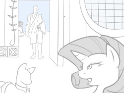 Size: 800x600 | Tagged: safe, artist:vulapa, rarity, oc, oc:anon, human, carousel boutique, clothes, cyoa, cyoa:life in ponyville, grayscale, guard, monochrome, story included, toga