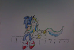 Size: 1280x853 | Tagged: safe, artist:redrangerki, princess celestia, alicorn, pony, crossover, kissing, shipping, sonic the hedgehog, sonic the hedgehog (series), soniclestia, traditional art