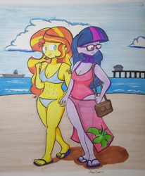 Size: 1024x1243 | Tagged: safe, artist:missmayaleanne, sci-twi, sunset shimmer, twilight sparkle, equestria girls, abs, beach, bikini, clothes, female, holding hands, lesbian, sarong, scitwishimmer, shipping, sunsetsparkle, swimsuit, traditional art