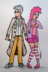 Size: 529x800 | Tagged: safe, artist:megaman007, doctor whooves, pinkie pie, human, clothes, converse, doctor who, duo, humanized, scarf, shoes, socks, sonic screwdriver, striped socks, traditional art