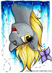 Size: 1024x1433 | Tagged: safe, artist:julunis14, derpy hooves, butterfly, pony, cute, female, mare, smiling, upside down