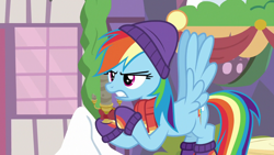 Size: 1280x720 | Tagged: safe, derpibooru import, screencap, rainbow dash, pegasus, pony, best gift ever, candle, clothes, female, flying, hat, mare, scarf, solo