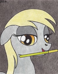 Size: 1620x2065 | Tagged: safe, artist:aracage, derpy hooves, bedroom eyes, bust, female, floppy ears, food, mare, mouth hold, pocky, portrait, simple background, solo, traditional art
