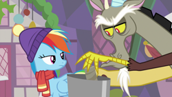 Size: 1280x720 | Tagged: safe, derpibooru import, screencap, discord, rainbow dash, draconequus, pegasus, pony, best gift ever, candle, clothes, duo, female, hat, male, mare, scarf, trash can