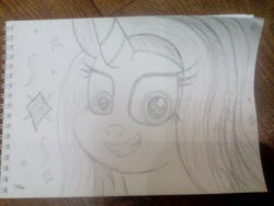 Size: 2560x1920 | Tagged: safe, artist:katya, starlight glimmer, pony, unicorn, female, mare, monochrome, pencil drawing, smiling, solo, traditional art