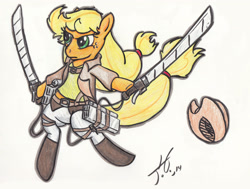 Size: 3168x2400 | Tagged: safe, artist:wetsquirrel, applejack, earth pony, pony, semi-anthro, attack on titan, solo, traditional art, weapon