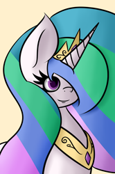 Size: 1692x2552 | Tagged: safe, artist:color-spark, princess celestia, alicorn, pony, bust, crown, female, horn, mare, multicolored mane, solo, white coat