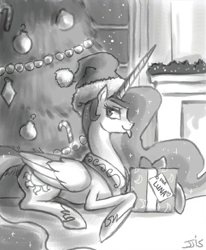 Size: 1009x1225 | Tagged: safe, artist:johnjoseco, princess celestia, alicorn, pony, christmas, grayscale, monochrome, solo