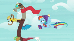 Size: 1280x720 | Tagged: safe, derpibooru import, screencap, discord, rainbow dash, draconequus, pegasus, pony, best gift ever, aviator hat, clothes, duo, female, flying, hat, male, mare, scarf