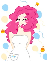 Size: 640x840 | Tagged: safe, artist:pinkieandthedoctor, pinkie pie, human, balloon, candy, clothes, dress, food, humanized, solo