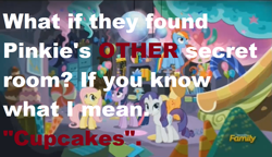 Size: 1223x704 | Tagged: safe, derpibooru import, edit, edited screencap, screencap, applejack, fluttershy, rainbow dash, rarity, twilight sparkle, earth pony, pegasus, pony, unicorn, fanfic:cupcakes, party pooped, caption, text