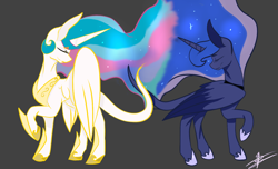 Size: 1440x877 | Tagged: safe, artist:the-fox-lord, princess celestia, princess luna, alicorn, pony, eyes closed, raised hoof, royal sisters, simple background, sisters, spread wings