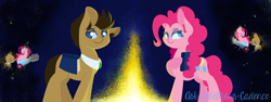 Size: 2048x768 | Tagged: safe, artist:pinkie-pielock, doctor whooves, pinkie pie, earth pony, pony, doctor who, doctorpie, memories, necktie, pointy ponies, sonic screwdriver