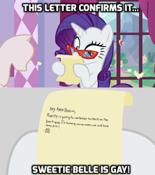 Size: 1280x1440 | Tagged: safe, screencap, apple bloom, rarity, sweetie belle, pony, unicorn, canterlot boutique, caption, glasses, image macro, implied lesbian, letter, mannequin, meme, ponyville, text