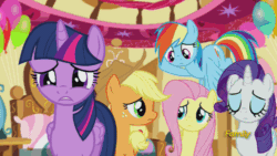 Size: 500x281 | Tagged: safe, derpibooru import, screencap, applejack, fluttershy, rainbow dash, rarity, twilight sparkle, twilight sparkle (alicorn), alicorn, earth pony, pegasus, pony, unicorn, party pooped, animated, bed, discovery family, discovery family logo, female, mare, trapdoor