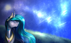 Size: 1600x960 | Tagged: safe, artist:mylittleasspit, princess celestia, alicorn, pony, crying, hoers, looking up, night, solo
