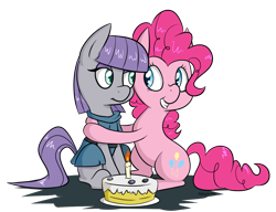 Size: 1300x1000 | Tagged: safe, artist:notenoughapples, maud pie, pinkie pie, earth pony, pony, birthday cake, cake, candle, grin, hug, simple background, smiling, transparent background