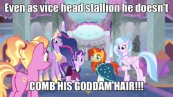 Size: 1366x768 | Tagged: safe, edit, edited screencap, screencap, luster dawn, princess twilight 2.0, silverstream, starlight glimmer, sunburst, twilight sparkle, twilight sparkle (alicorn), alicorn, pony, unicorn, the last problem, impact font, leak, minor annoyance, older silverstream, school of friendship, spoiler, sunburst the bearded, text