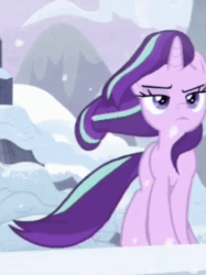 Size: 269x359 | Tagged: safe, artist:lincolnbrewsterfan, edit, screencap, starlight glimmer, pony, unicorn, the ending of the end, animated, badass, cropped, epic, female, frown, gif, lidded eyes, mare, serious, serious face, snow, solo, windswept mane