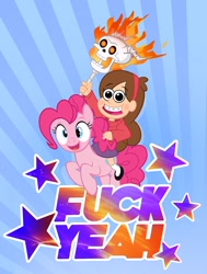 Size: 800x1057 | Tagged: safe, artist:pixelkitties, pinkie pie, earth pony, pony, crossover, fire, gravity falls, humans riding ponies, mabel pines, open mouth, skull, vulgar