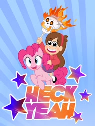 Size: 778x1028 | Tagged: safe, artist:pixelkitties, pinkie pie, earth pony, pony, crossover, fire, gravity falls, humans riding ponies, looking at you, mabel pines, riding, skull