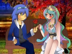 Size: 1600x1200 | Tagged: safe, artist:princess-rosalie97, princess celestia, human, bench, crossover, flower, humanized, request, rose, shipping, sitting, sonic the hedgehog, sonic the hedgehog (series), soniclestia