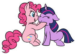 Size: 577x416 | Tagged: safe, artist:darlimondoll, derpibooru import, pinkie pie, twilight sparkle, earth pony, pony, boop, eyes closed, female, lesbian, scrunchy face, shipping, twinkie