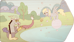 Size: 2847x1638 | Tagged: safe, artist:malte279, derpy hooves, discord, bubble, craft, cute, derpabetes, digitally colored, discute, food, muffin, pyrography, traditional art