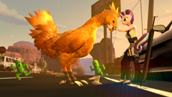 Size: 3840x2160 | Tagged: safe, artist:alicorntwilysparkle, starlight glimmer, anthro, unicorn, 3d, cactuar, car, carbuncle, chocobo, crossover, desert, nexgen, source filmmaker, sword, weapon