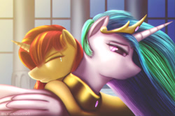 Size: 3000x1992 | Tagged: safe, artist:bluenight01, princess celestia, sunset shimmer, alicorn, pony, unicorn, crying, eyes closed, female, hug, mare, reunion, the prodigal sunset