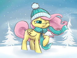 Size: 1200x910 | Tagged: safe, artist:erysz, fluttershy, pegasus, pony, clothes, hat, raised hoof, scarf, snow, snowfall, solo, windswept mane, winter